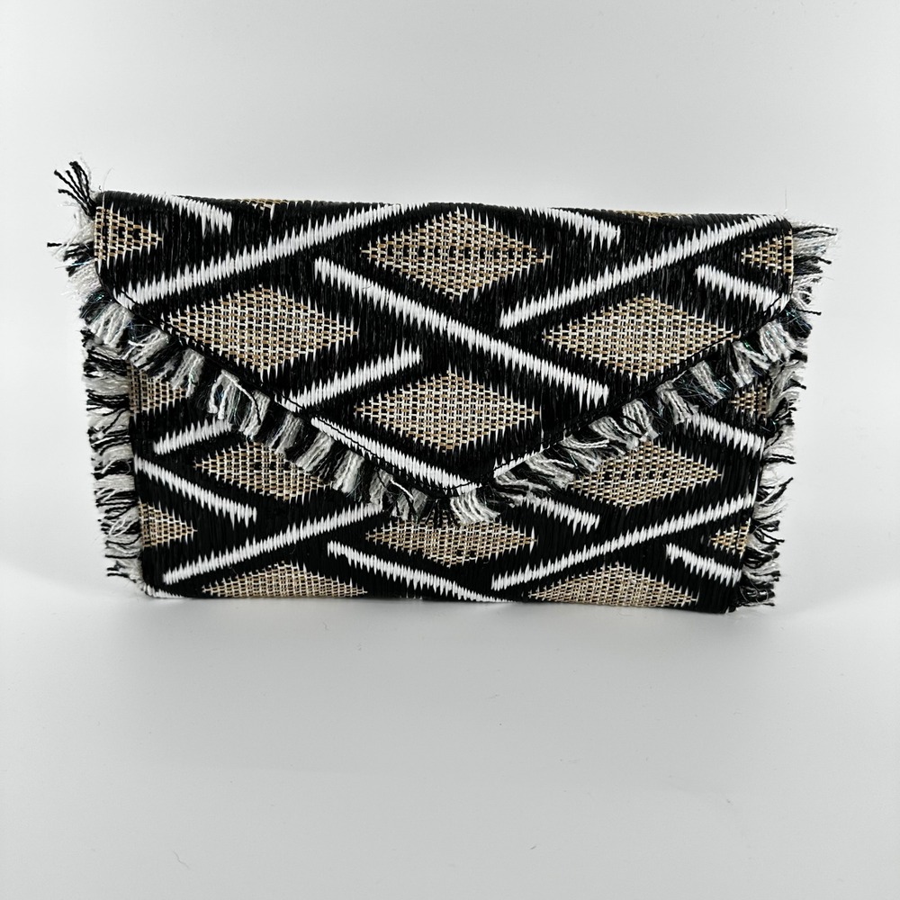 Urban Expressions Woven Geometric Envelope Clutch Black White Fringe One Size